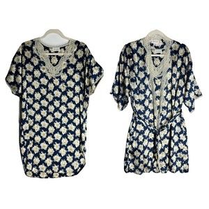 Vintage Barbizon 2 Piece Set Night Gown Size M Blue Floral Lace